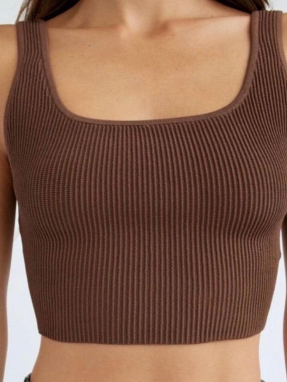 Aritzia Babaton Sculpt Knit Tank | Brown Ribbed Square Neck Crop | 2XS